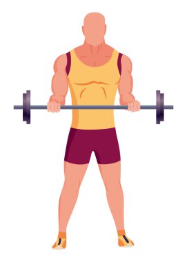 Spor salonundaki insanlar. Halterli erkek karakter. Sağlıklı ve aktif yaşam tarzı, düz bir şekilde vektör. Spor egzersizi, vücut geliştirme..