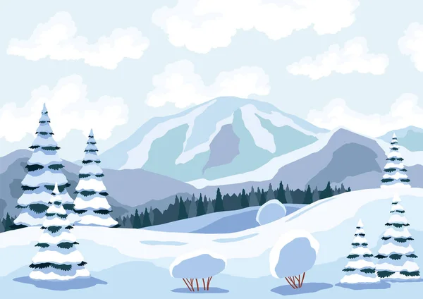 冬のハイキング風景 前景には雪と松林が広がる青い山の冬の雪景色 山の峰と旅の背景 — ストックベクタ
