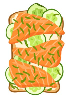 Toasts top view. Cartoon isolated slice of toasted cereal bread with with healthy toppings. Sandwiches for sweet breakfast.