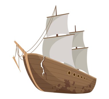 Broken ship icon. Cartoon wooden battered ship with tattered board after wreck or attack. Destroyed, wreck ship isolated on white background.