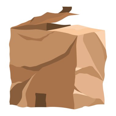 Damaged cardboard box. Crumpled brown bag for storage. Retail, logistics, delivery, storage concept. Cartoon broken package. Wrinkled container. Vector poor quality delivery or warehouse storage.