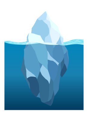 Iceberg floating in water. Arctic glacier. Futuristic polygonal illustration on blue background. Huge white block of ice drifts with massive underwater part.