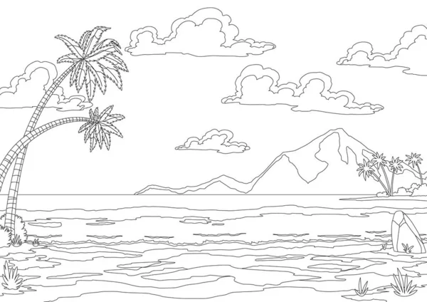 Tropický Ostrov Palmami Žlutým Pískem Oceánu Zbarvení Stylu Neobydlená Ostrovní — Stockový vektor