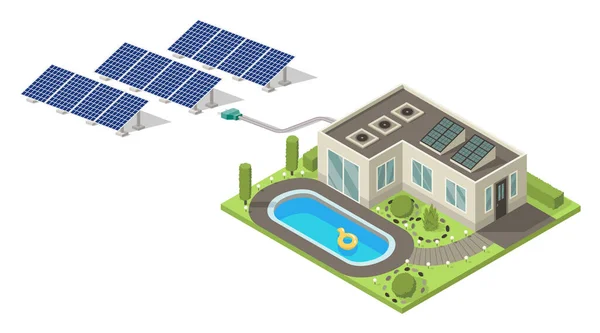 ソーラーパネル付きのアイソメトリックコテージのアイコン スイミングプールと芝生のベクトルイラストと郊外の家の組成 郊外の建物を表すインフォグラフィック要素 — ストックベクタ