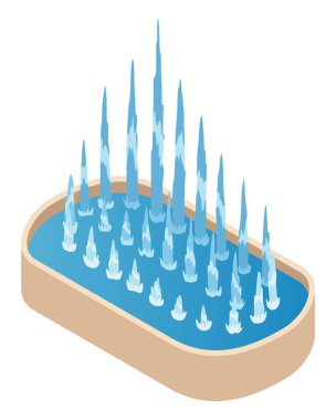 Isometric fountain icon for outdoor park. Modern architecture decor symbol with splashing drops. Vector city infographic with water decoration elements.
