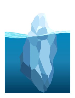 Iceberg floating in water. Arctic glacier. Futuristic polygonal illustration on blue background. Huge white block of ice drifts with massive underwater part.