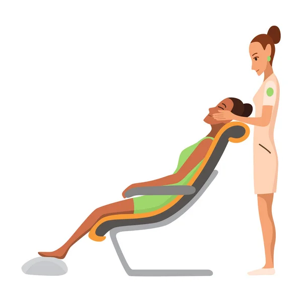 按摩治疗师在工作 病人坐在椅子上 享受身体放松的治疗 理疗师练习按摩 孤立卡通人物 平面矢量图解 — 图库矢量图片