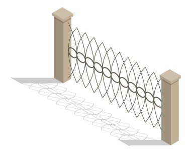 Isometric fence icon. Urban real estate boundary element. Spans fences of steel or iron materials. For gaming environment, app or web design.