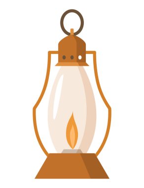 Vintage camping lantern or oil lamp. Handle gas lamps for tourist hiking. Flame glow camp fuel burn isolated on white background.
