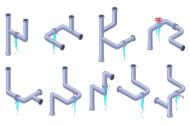 Sızdıran borular izometrik set. Kırık boru borusu ve sızdıran su. Hasar tespiti için boru hattı döşeniyor. 3D endüstriyel su sistemi.