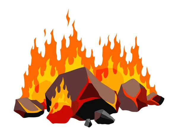 石炭を燃やせ 石炭ヒープ上の現実的な明るい炎の火災 グリル炎暖炉 ホット炭素や輝く炭のイメージのためのクローズアップベクトルイラスト — ストックベクタ