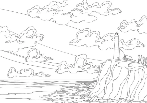 Leuchtturm Meereslandschaft Färbung Stil Navigationsturm Der Felsigen Küste Unter Bewölktem — Stockvektor