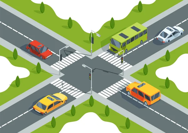 Isometrische Ansicht Von Straßenkreuzungen Mit Fahrbahnmarkierungen Ampeln Zebrastreifen Und Autos — Stockvektor