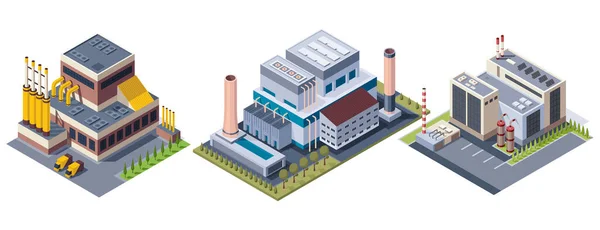 Insamling Fabriksisoometriska Arkitektur Tillverkar Byggnaden Begreppet Industrianläggningar Med Skorstenstorn Eller — Stock vektor