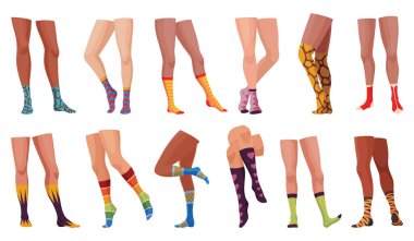 Kadın moda çorapları, çizgi film ikonu seti. Şık çoraplı bacaklar. Zarif kadın bacakları. Kıyafet parçaları, parlak renkli giysiler, ayakkabılar..