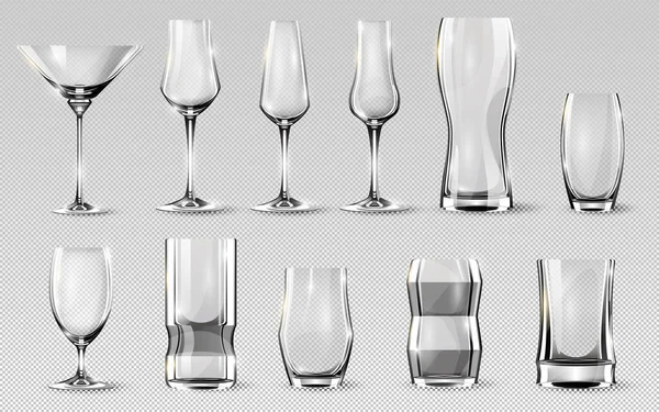 装好酒杯透明的 现实的 适合不同饮料的模型 矢量说明 — 图库矢量图片