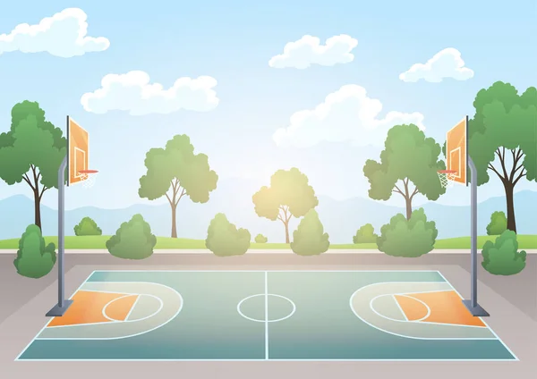 バスケットボールコート バックボード バスケット リングが付いている運動場 運動場が付いている都市の概念の風景 緑の木の背景 ベクターイラスト — ストックベクタ