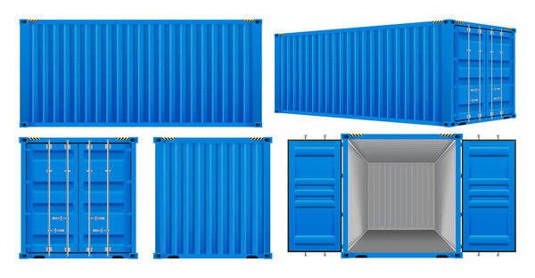 Logistic cargo containers. Front, side back and perspective view. Shipping, transportation and delivery concept. Realistic 3d templates isolated on white background.