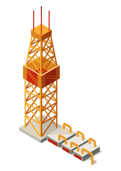 Oil gas platform isometric icon composition. Offshore mining element of depot petroleum products with drilling rig platform. Item for extraction from under the sea bed deposits.