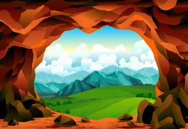 洞穴景观 洞穴入口的夏季自然景观 史前地牢 岩洞游戏图解 山地隧道或岩石矿山隧道的矢量图解 — 图库矢量图片