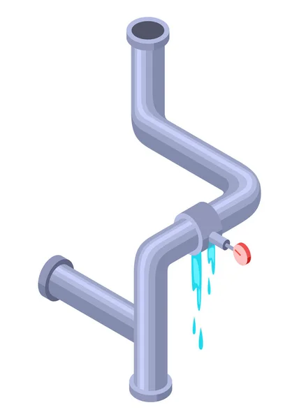Läckande Rör Isometriska Bruten Rörledning Med Läckande Vatten Vvs Rörledning — Stock vektor