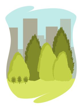 Şehir bahçesinde. Ekolojik ve sürdürülebilir yeşil yaşam tarzı. Kentsel çevre konseptinde şehir bitkileri. Şehir parkları reklam broşürü, broşür, bilgi afişi fikri için. Vektör illüstrasyonu.