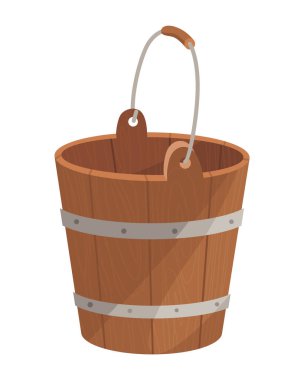 Wooden bucket with handle and without water. Container or empty pail for spa, sauna. Vector illustration isolated on white background.