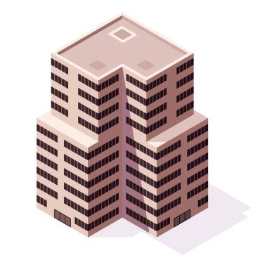 Isometric ofisler ya da iş merkezi simgesi. Şehir binası şehir haritası oluşturma. Mimari vektör 3d illüstrasyon. Bilgi elemanı. Şehir evi kompozisyonu.