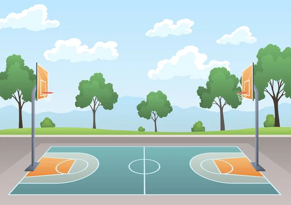 バスケットボールコート バックボード バスケット リングが付いている運動場 運動場が付いている都市の概念の風景 緑の木の背景 ベクターイラスト — ストックベクタ
