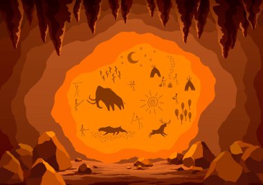 Prehistoric cave with paintings. Old drawings of primitive people, stone age art. Ancient history and archeology. Primitive caveman sketch. Vector cartoon Illustration. clipart