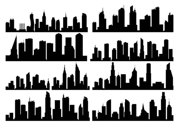 Vector city silhouette collection. Modern urban landscapes. High buildings with windows. Illustration on white background.