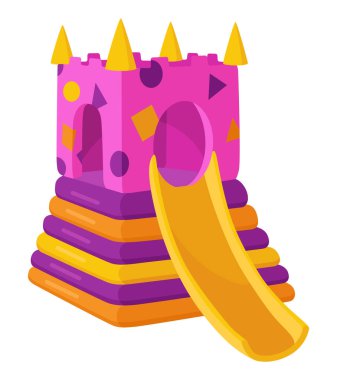 Şişirilebilir zıplama ikonu seti. Parktaki çocukluk aktiviteleri için parlak ve eğlenceli bir oyun alanı. Yaz eğlencesi aktivite alanı. Çocuklar için ekipman, vektör illüstrasyonu.