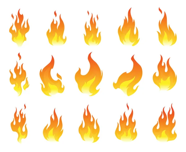 Eld Lågor Ikon Set Tecknad Värme Löpeld Eller Bål Bränna — Stock vektor
