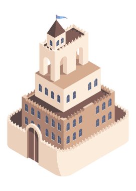 Isometric karikatür kale ikonu. Oyun tasarım kalesi konsepti. Kuleleri ve kapıları olan ortaçağ kalesi, vektör illüstrasyonu.