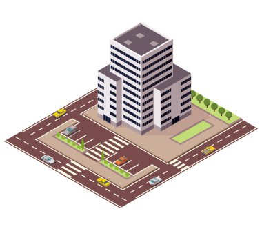 Isometric ofisleri ya da iş merkezleri. Şehir binası şehir haritası sokak ve arabalarla oluşturuluyor. Bilgi elementleri. Yolları olan şehir evi kompozisyonu.