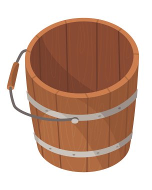 Tahta kova, saplı ve susuz. Kaplıca ya da sauna için boş kova. Vektör illüstrasyonu beyaz arkaplanda izole edildi.