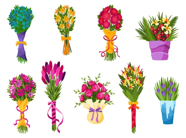 Blumenstrauß Icon Set Vorhanden Cartoon Blühender Strauß Von Pflanzen Für — Stockvektor