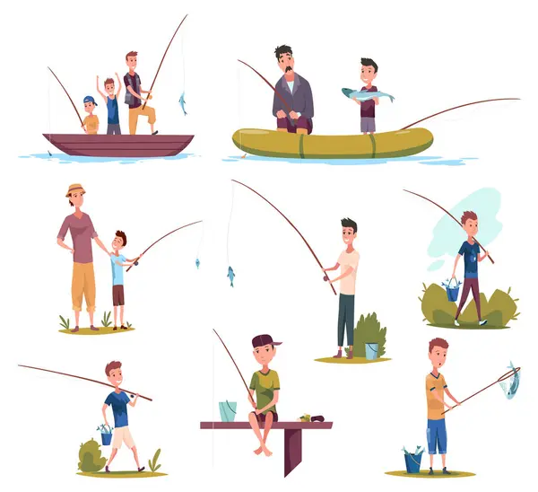 stock vector Children fishing icon set. Happy boy child holding fish on fishing rod hook. Fisherman with fish catch cartoon. Family enjoying fishing. Cartoon little boy catching fish. Flat vector illustration.