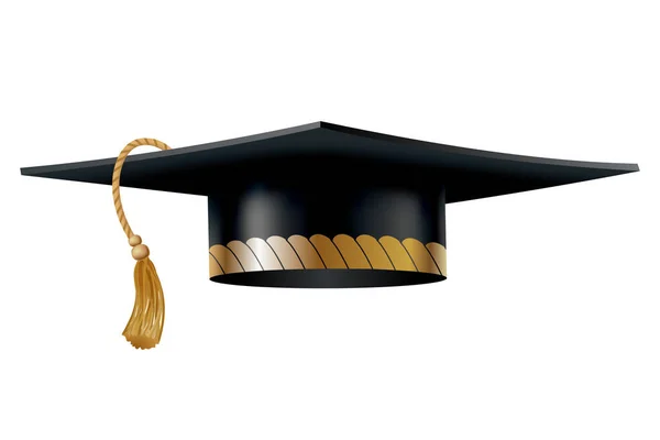 卒業キャップ 黄金のタッセルで黒人の教育学生の帽子 学位授業および教育プログラムの設計のための要素 白い背景に隔離された大学 高校または大学 — ストックベクタ