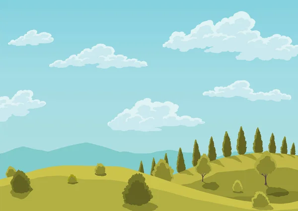 Природный Пейзаж Карикатурном Стиле Красивые Весенние Холмы Деревьями Зеленая Трава — стоковый вектор