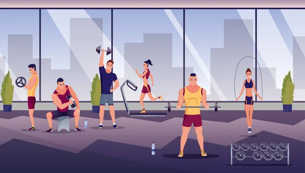 People at sport gym. Man and woman on training apparatus, exercise bike and treadmill. Fitness workout and indoor sport room flat vector concept. Male characters with barbells and kettlebells.