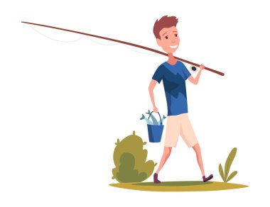 Çocuk balıkçı ikonu. Adam başarılı bir balık avından geliyor. Balıkçı, balıklar çizgi film yakalar. Çizgi filmci çocuk balık yakalıyor. Düz vektör illüstrasyonu.