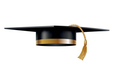 Mezuniyet şapkası. Altın püsküllü siyah öğrenci şapkası. Diploma töreni ve eğitim programları tasarımı için unsur. Üniversite, lise ya da üniversite şapkası beyaz arka planda izole edilmiş.