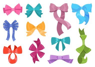 Yay simgesi ayarlandı. Davetiye ve hediyeler için çeşitli karikatür kurdeleleri, mevcut kartlar ve beyaz arka planda izole edilmiş lüks ambalajlar. Tasarımın için dekorasyon. Vektör illüstrasyonu.