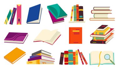 Vektör kitapları simgesi ayarlandı. Öğrenme ya da eğitim konsepti. Kitapların ya da defterlerin farklı tasarımı. Kitap okuyarak, öğrenerek ve kitaplarla eğitim alarak. Daha fazla kitap oku.