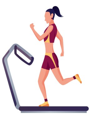 Spor salonundaki insanlar. Koşu bandındaki kadın. Sağlıklı ve aktif yaşam tarzı, düz bir şekilde vektör. Spor egzersizi, vücut geliştirme..