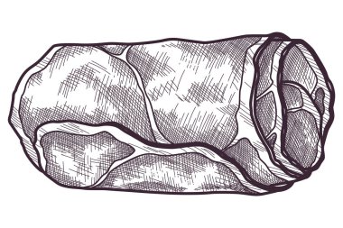 El yapımı jamon. Gurme eti. İzole edilmiş lezzetli kabartma çizimi. Kurumuş çiftlik doğal ürünü. Siyah beyaz domuz eti dilimleri. Vektör restoran menüsü çizimi.