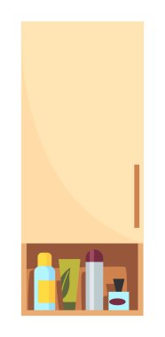 Rafta çizgi film malzemeleri var. Ağız bakımı ve diğerleri için gerekli aksesuar, şampuan ve gargara şişesi elementi. Düz vektör tasarımı çizimi.