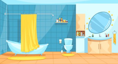 Çizgi film banyo içi küvet ve perde, tuvalet, ayna ve lavabo. Modern düz tasarım şablonu. Web sitesi, yazdırma, poster veya bilgi grafiği için vektör illüstrasyonu.