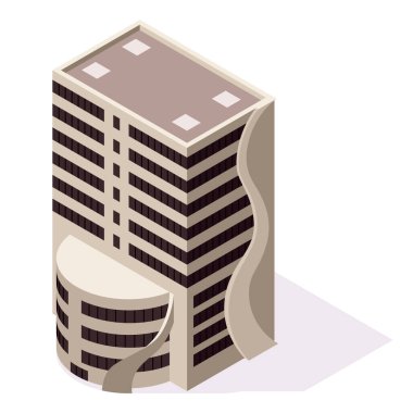 Isometric ofisler ya da iş merkezi simgesi. Şehir binası şehir haritası oluşturma. Mimari vektör 3d illüstrasyon. Bilgi elemanı. Şehir evi kompozisyonu.
